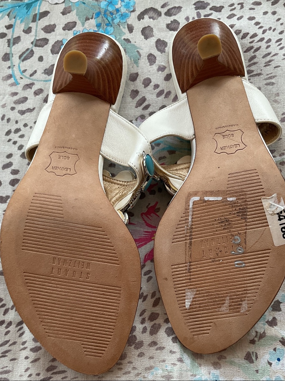 Stuart Weitzman White Leather Thong Sandals with Turquoise Gem Accents - Picture 6 of 7